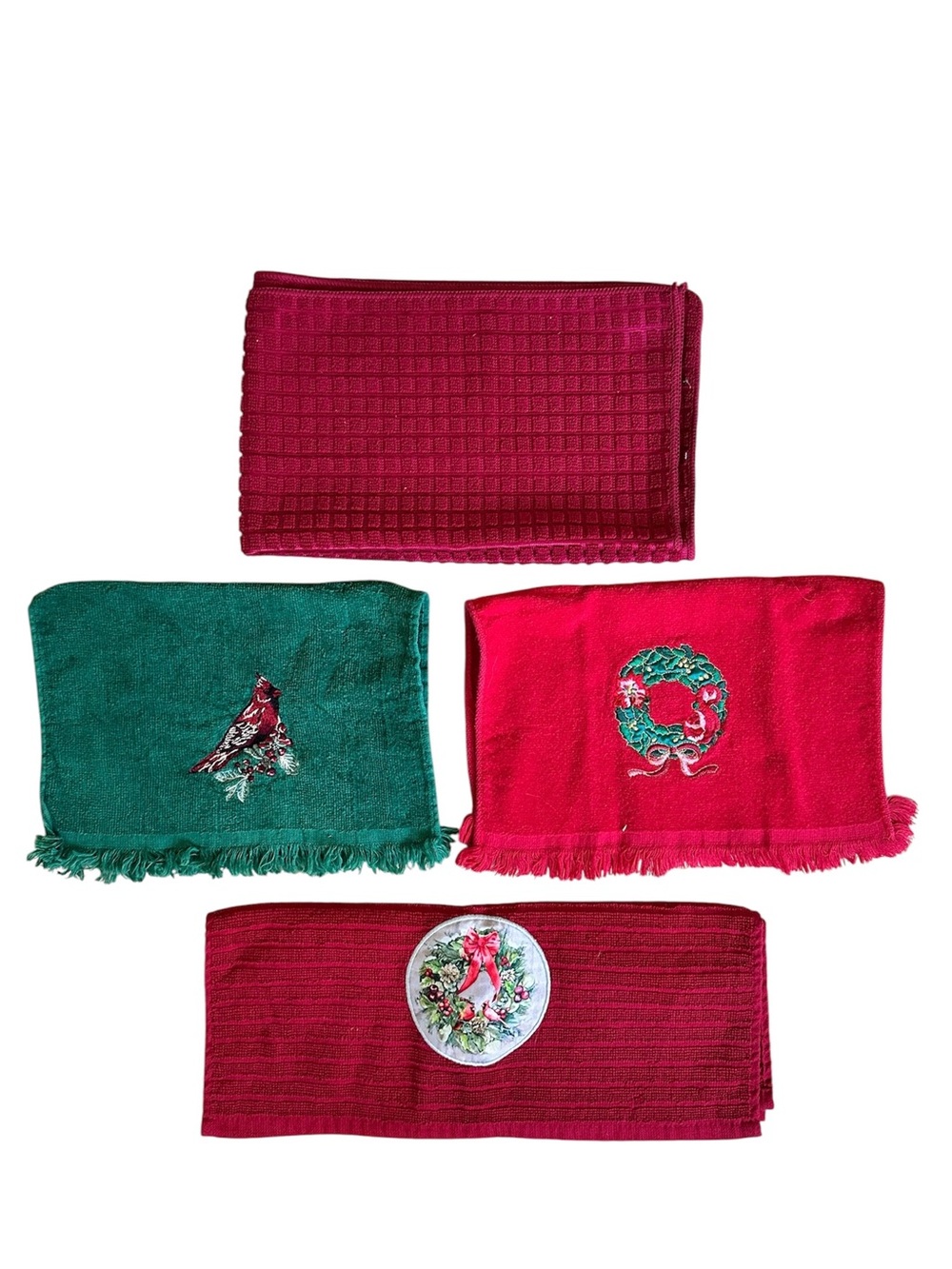Set of Christmas Hand Towels - Embroidered Wreath & Cardinal